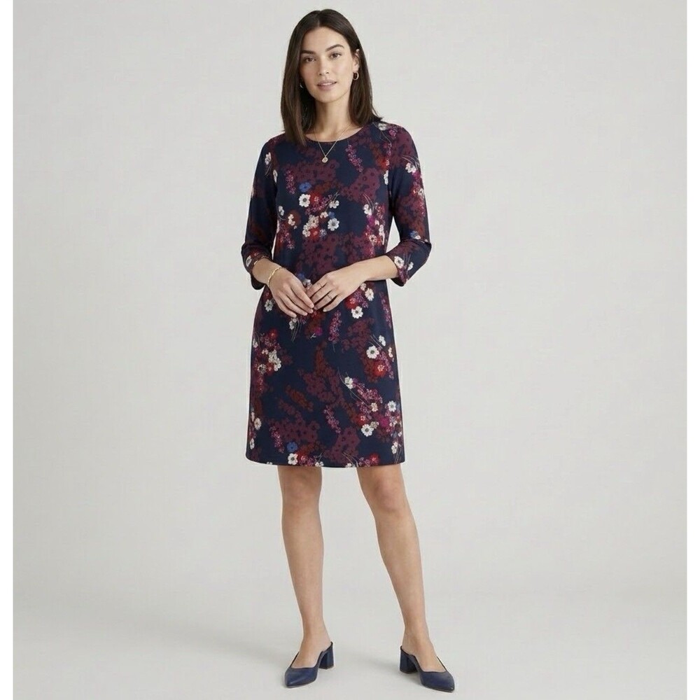 J. Jill Wearever Collection Navy Floral 3/4 Sleeve Stretch Dress Women’s Size L